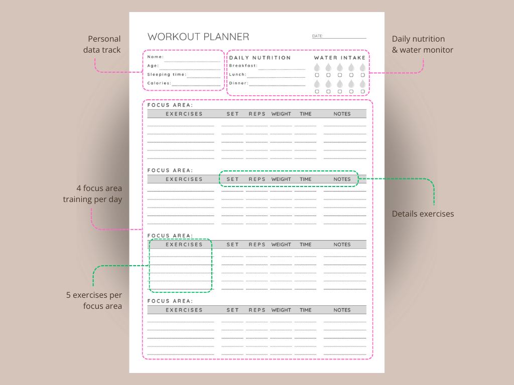 Printable workout planner for tracking exercises, sets, reps, and progress to achieve fitness goals effectively.