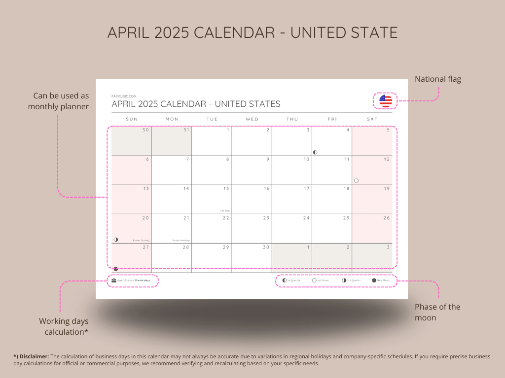 Organized April 2025 calendar for personal and professional planning