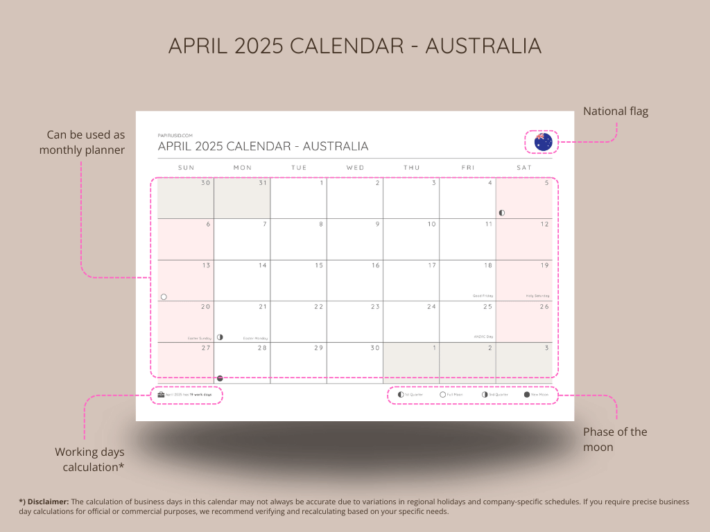 Australia April 2025 Calendar Template for Personal and Work Planning