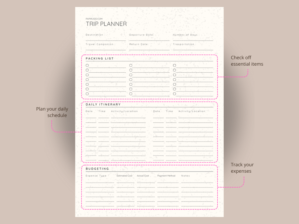 Printable travel planner for individuals, families, and backpackers.