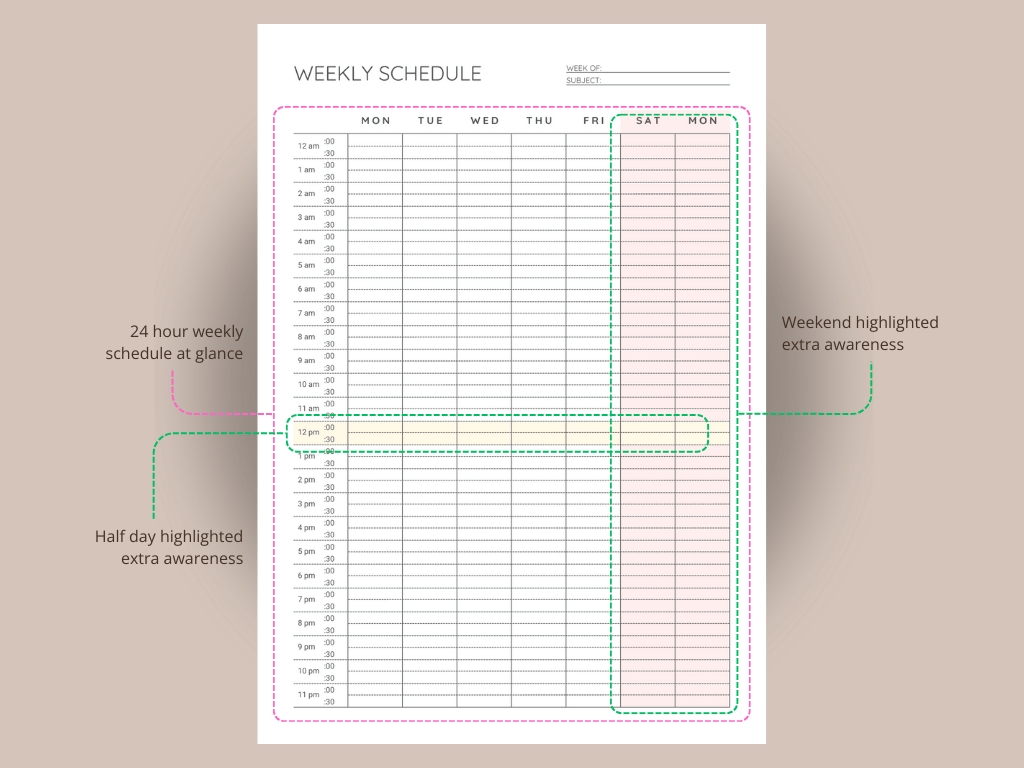 24-hour weekly planner for detailed daily scheduling