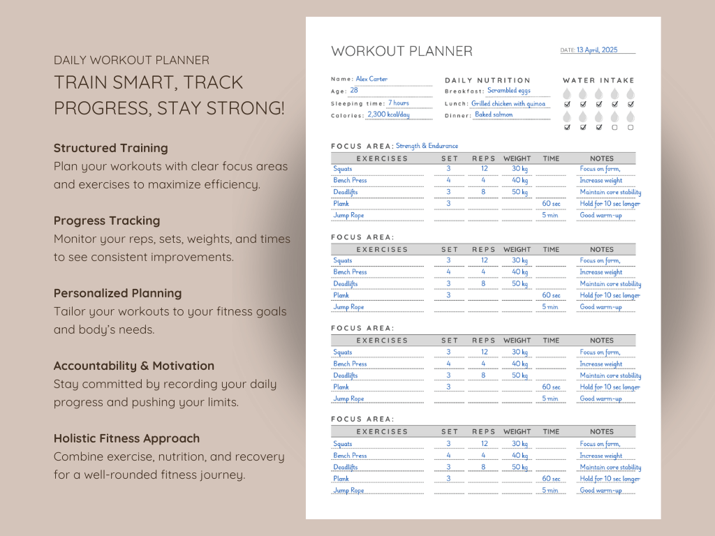 Printable workout planner for tracking exercises, sets, reps, and progress to achieve fitness goals effectively.