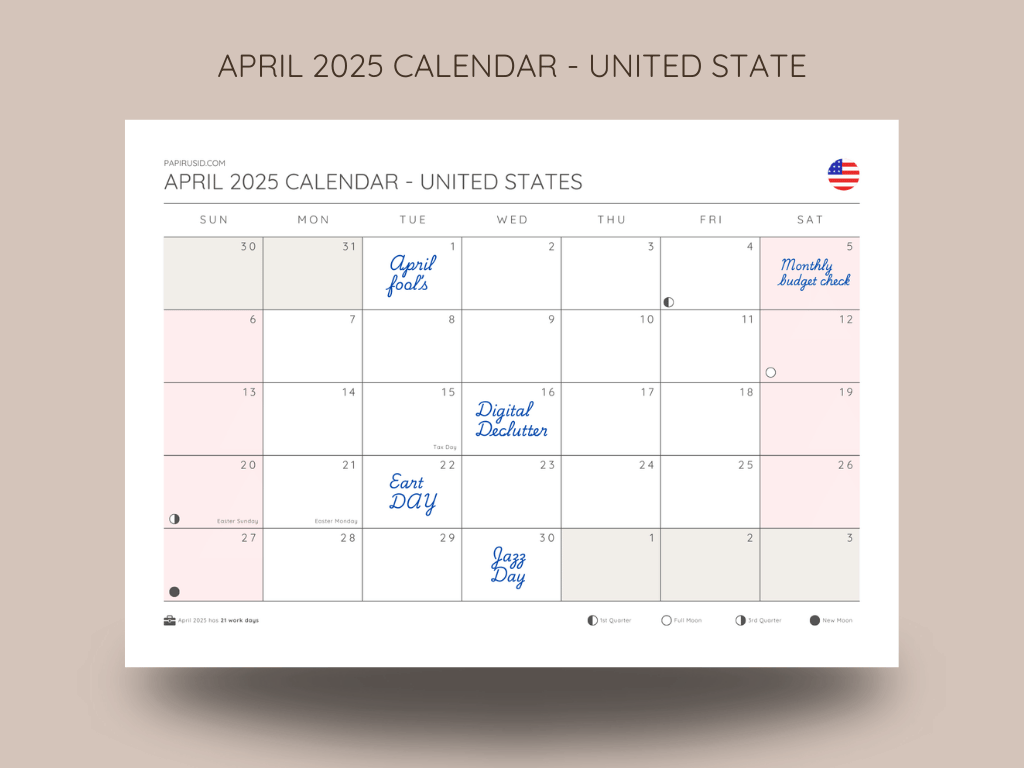 Free printable April 2025 calendar with holidays and moon phases