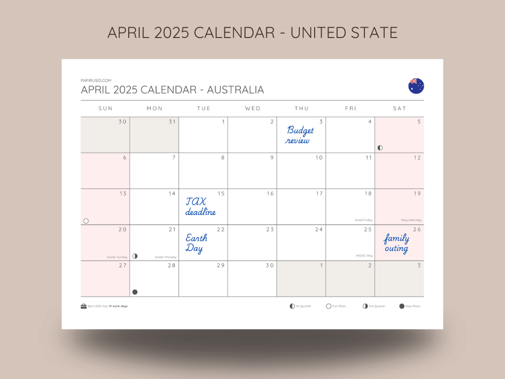Free Printable Australia Calendar April 2025 with Grid Layout