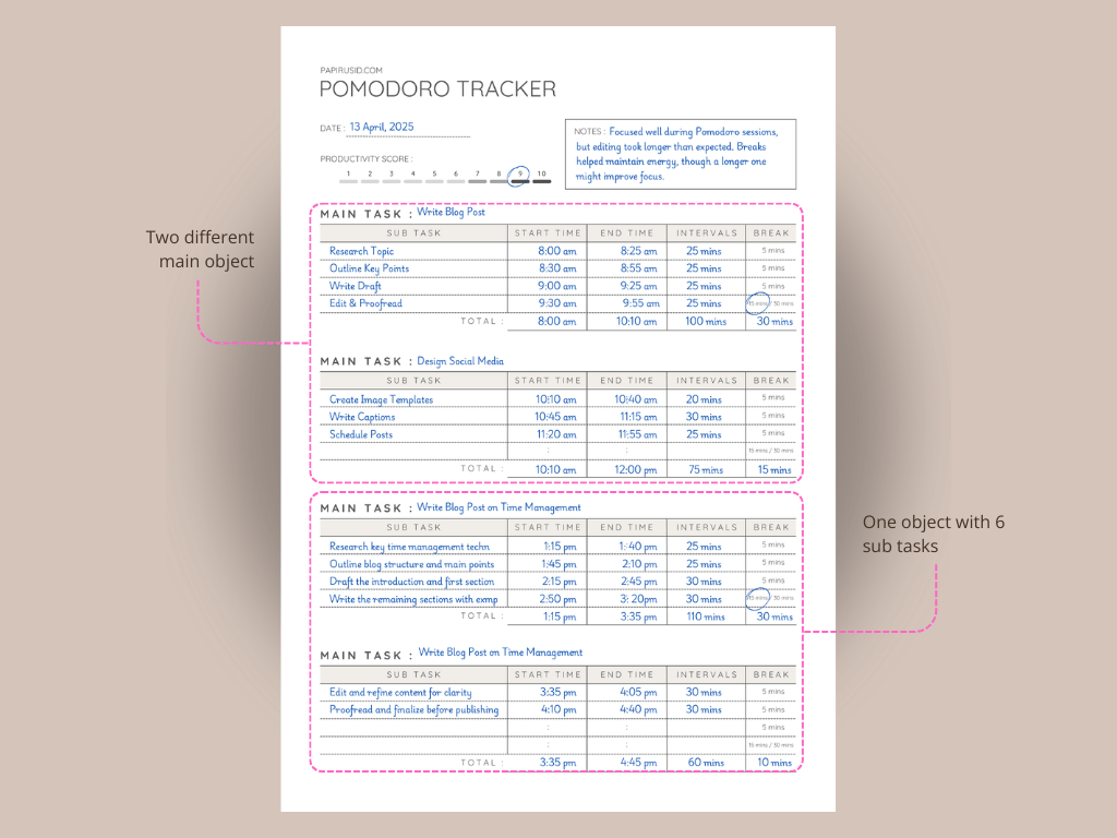 Maximize productivity with a Pomodoro Planner featuring goal setting and progress tracking.