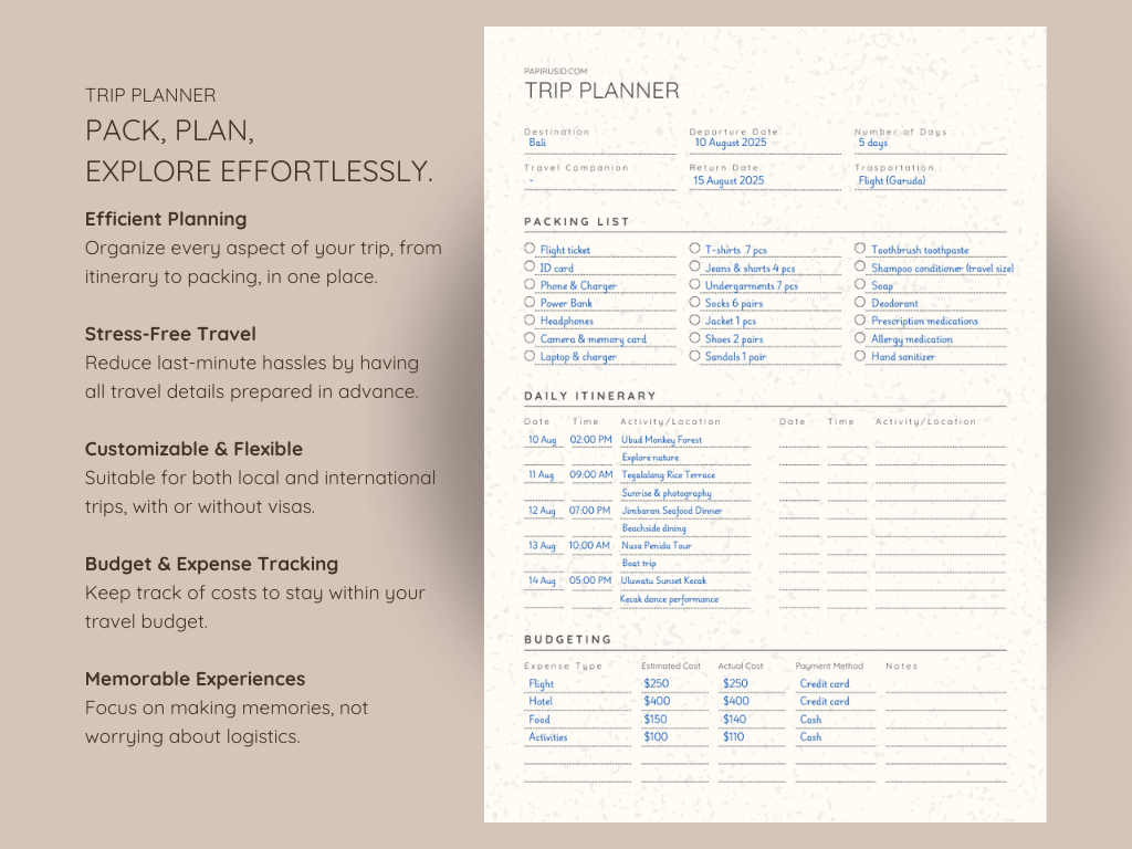 Trip itinerary planner with sections for transportation, accommodation, and budget tracking.