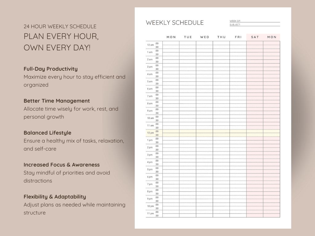 24 hour weekly schedule - printable