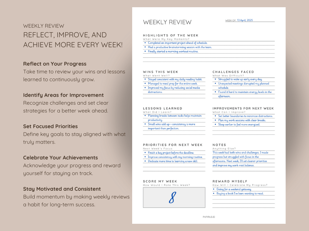Weekly Review, Weekly Reflection, Weekly Evaluation, Weekly Summary, Printable Insert Template, A4/A5/Letter/Half, Instant Download PDF