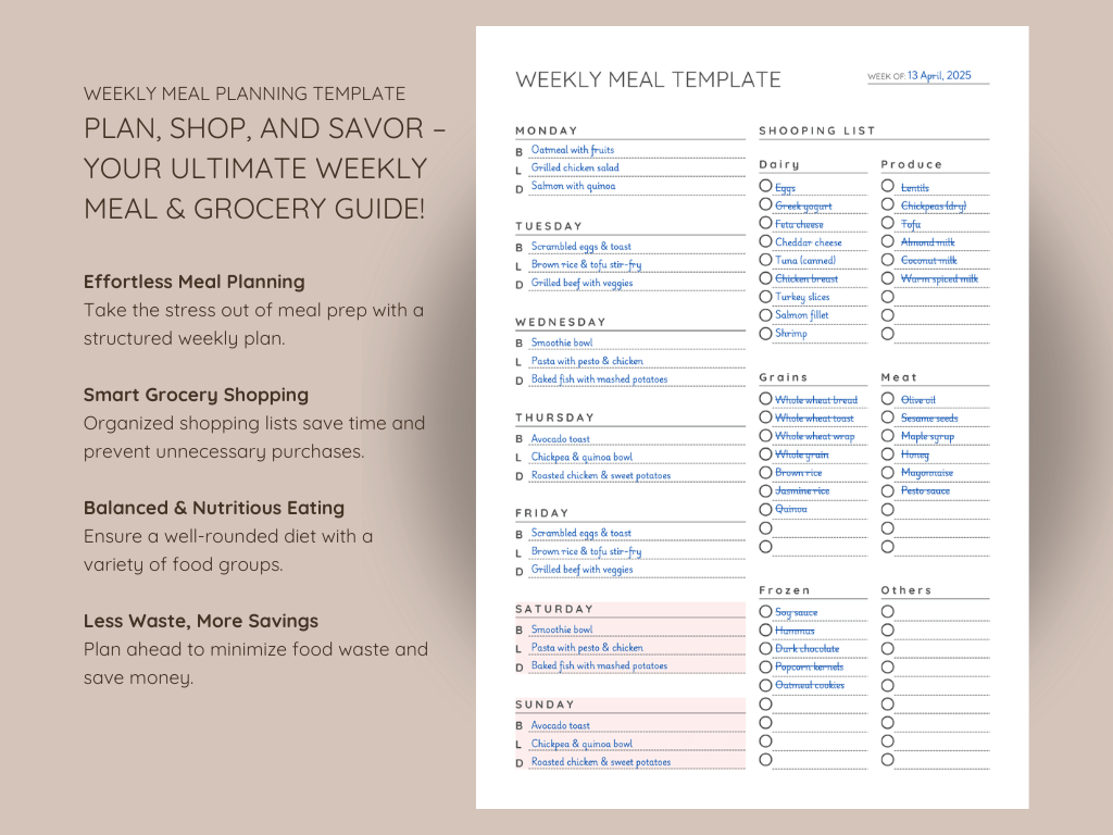 Weekly Meal Planner Printable – A simple and effective template to plan meals, create grocery lists, and reduce food waste.