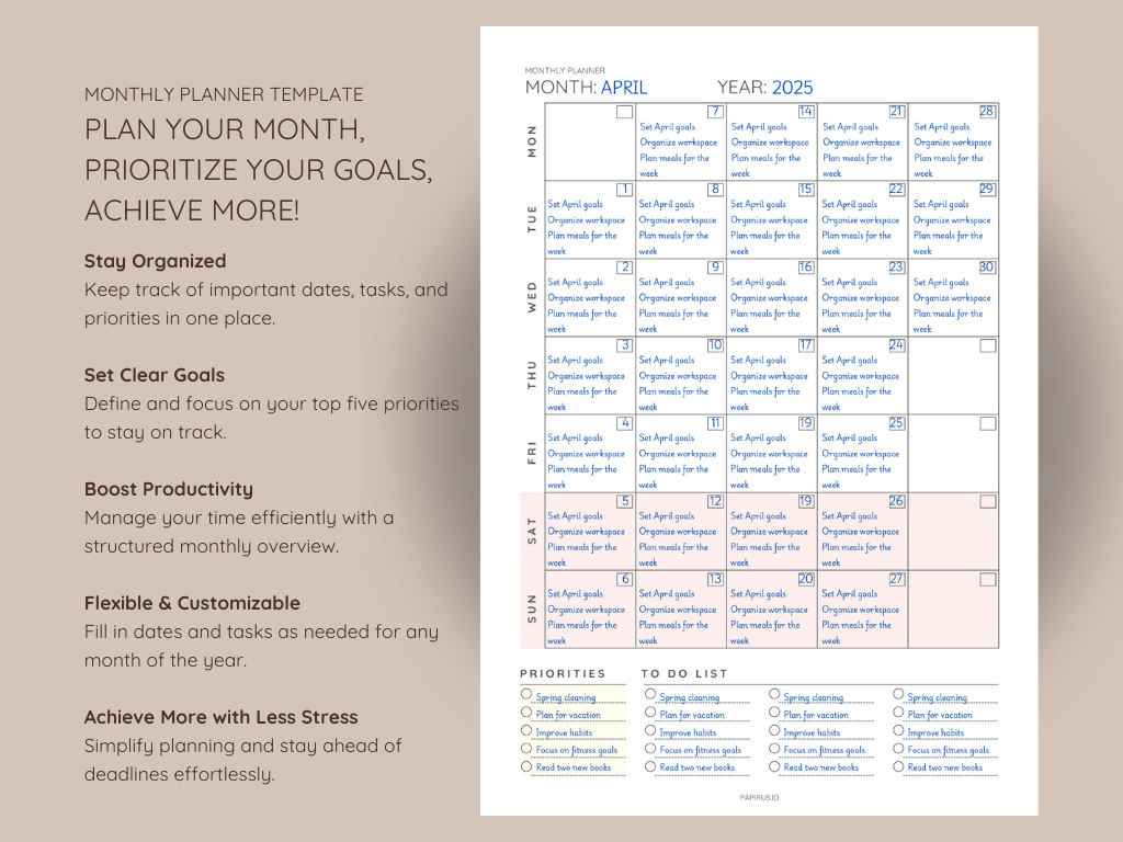 Printable Monthly Planner Template – Stay Organized and Plan Ahead, Print on A4/A5/Letter