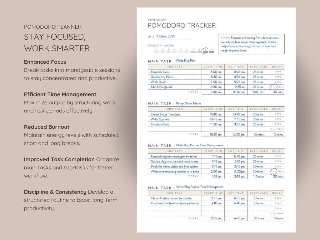 Printable Pomodoro Planner for time management and productivity tracking.