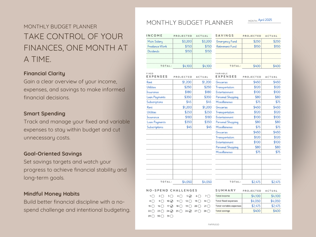 Printable monthly budget planner free template for tracking income, expenses, and savings efficiently.