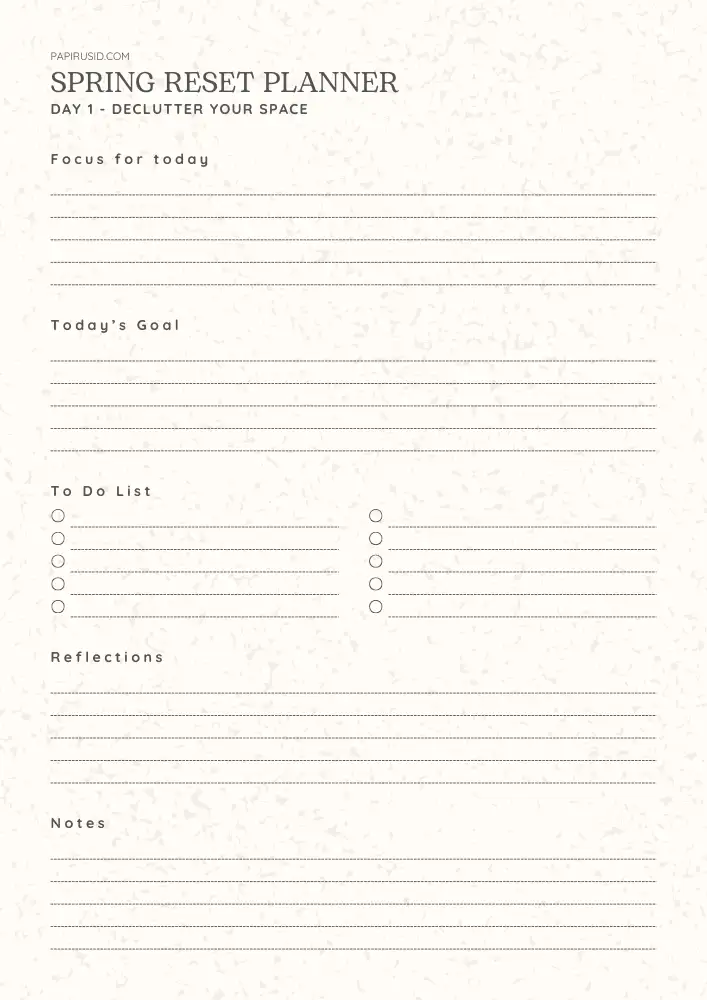 Spring Reset Planner Day 1 printable page with sections for decluttering home spaces and organizing rooms